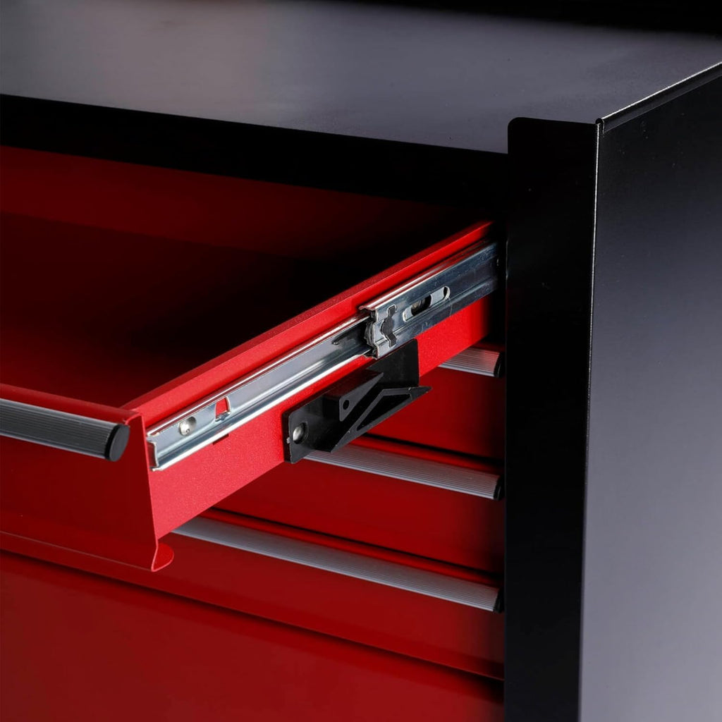4 Drawers Metal Rolling Tool Chest on Wheels, Lockable Organizer ToolBox Tool Cart with 1 Cabinet, Multifunctional Large Capacity Trolley Tool Storage Case for Garages & Repair Shop (Black+Red)