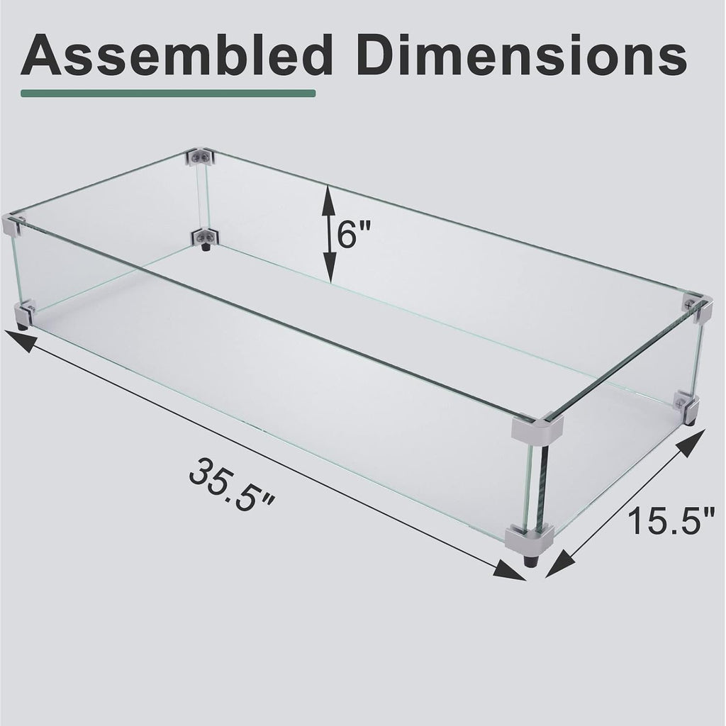 GASPRO 35.5 x 15.5 Inch Glass Wind Guard for Rectangular Fire Pit Table, Thick and Sturdy Tempered Glass Panel with Hard Aluminum Corner Bracket & Rubber Feet, Easy to Assemble