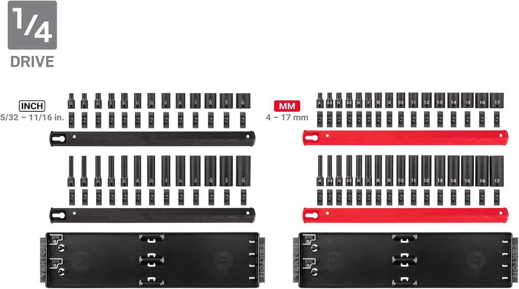 TEKTON 1/4, 3/8, 1/2 Inch Drive 6-Point Impact Socket Set with Rails and Trays, 230-Piece (5/32-1-1/2 in., 4-38 mm) | SID99200