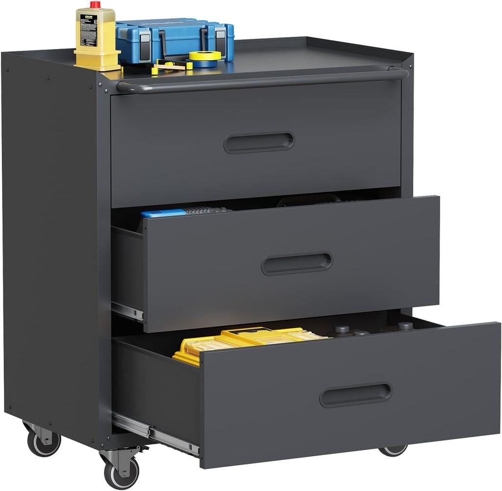 Black Metal Garage Storage Cabinet on Wheels, Heavy Duty Steel Rolling Tool Chest with Drawers, Mobile Tool Storage Cabinets for Warehouse Garage Basement, Assembly Required