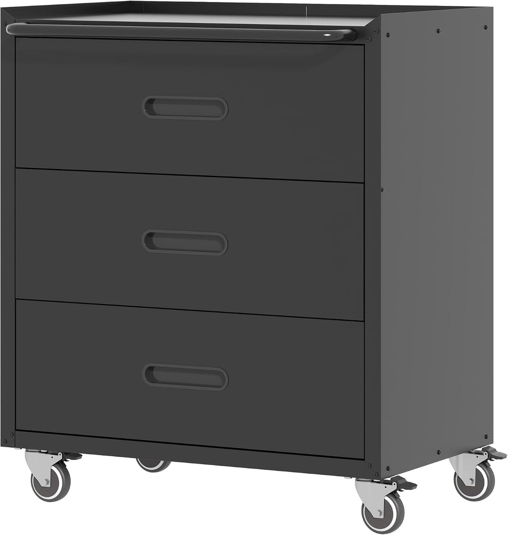Metal Storage Cabinet with Wheels, Garage Storage Cabinet with 3 Drawers, Rolling Tool Cabinet, Assembly Required, Black