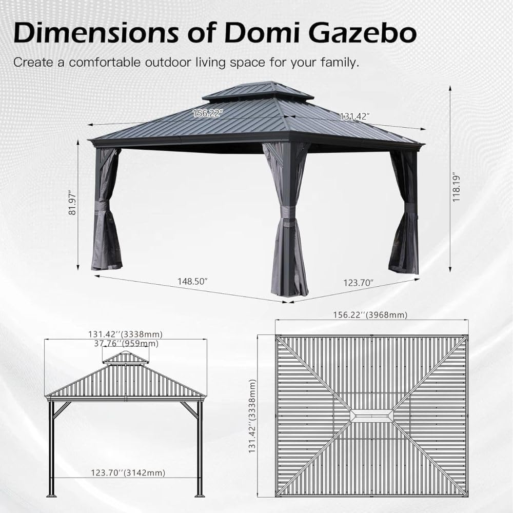 11x13FT Hardtop Gazebo with Double Roof & Netting, Galvanized Steel Outdoor Metal Gazebo Water Resistant, Includes Privacy Curtains, Patio Pergola for Deck Backyard, Modern Gray