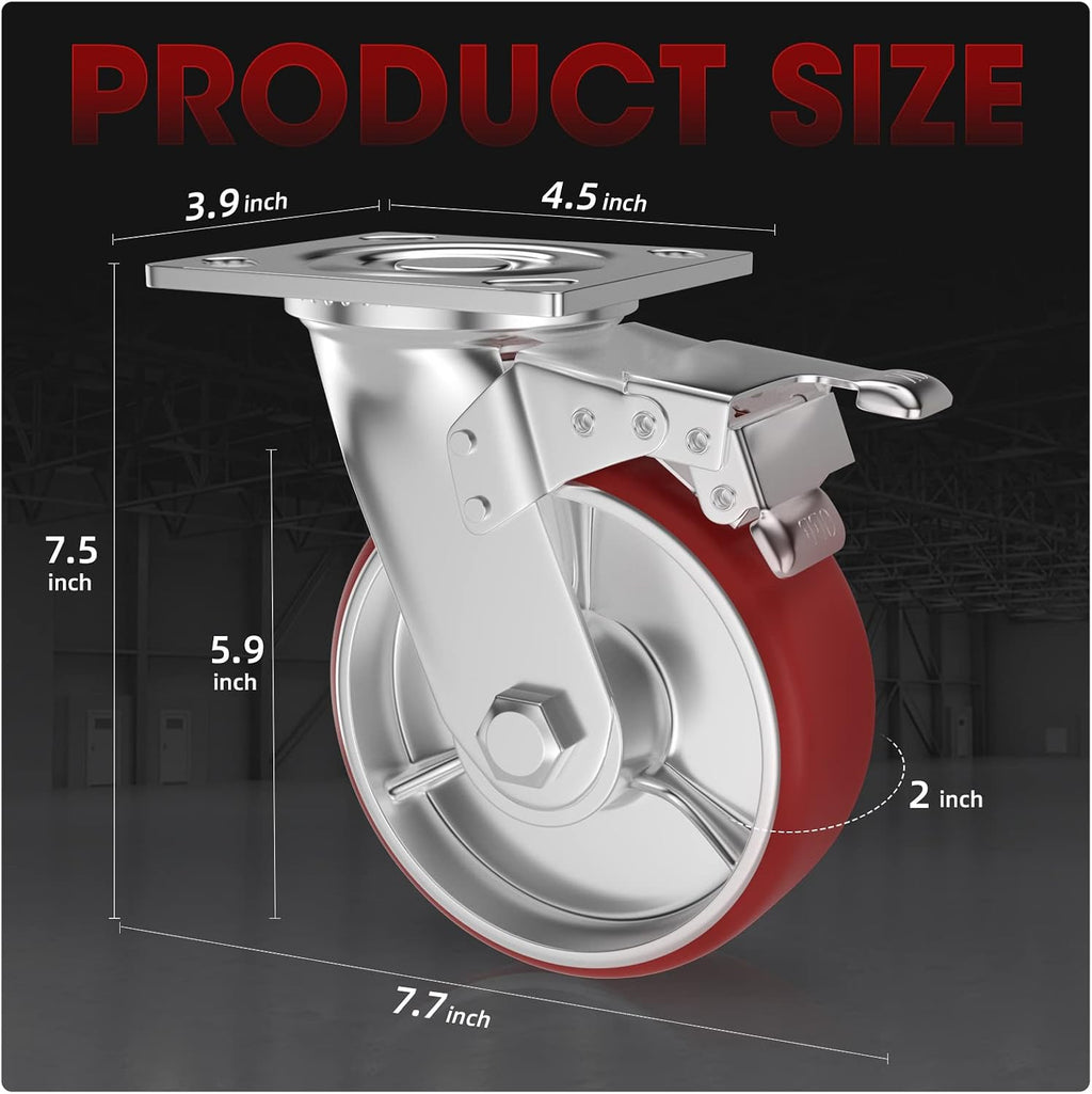 Casters Set of 4 Heavy Duty 6 inch Caster Wheels - ASRINIEY Locking Casters with No Noise Polyurethane on Steel Wheels, Swivel Plate Caster with Brake for Toolbox Workbench, 5000 lbs Total Capacity