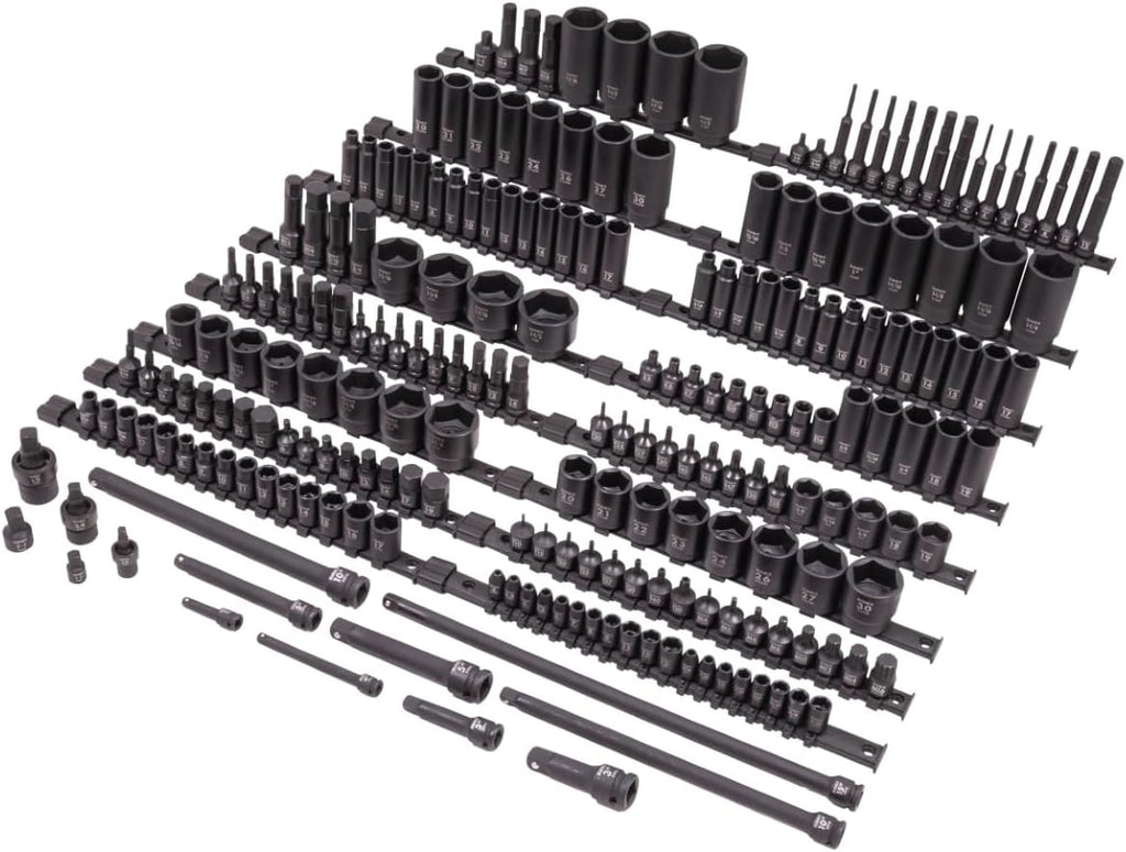 SUNEX 10222 1/4', 3/8' & 1/2' Drive SAE & Metric 6 Point Standard & Deep with Star (E and Tamperproof), Triple Square, & Hex Bit, 222-Piece