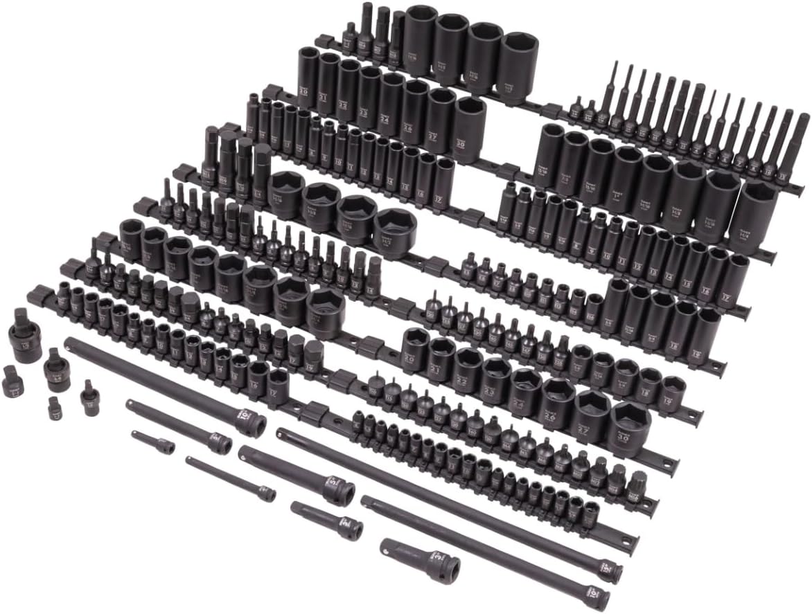 SUNEX 10222 1/4', 3/8' & 1/2' Drive SAE & Metric 6 Point Standard & Deep with Star (E and Tamperproof), Triple Square, & Hex Bit, 222-Piece