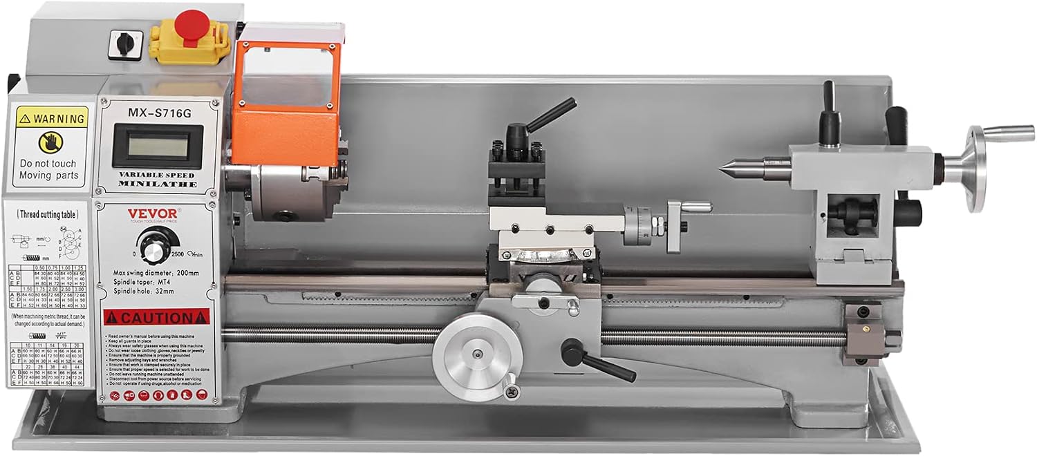 VEVOR 7'' x 16'' Metal Lathe Machine, 800W Precision Benchtop Power Metal Lathe, 150-2500 RPM Continuously Variable Speed, with 3.9'' 3-jaw Metal Chuck Come with Tool Box