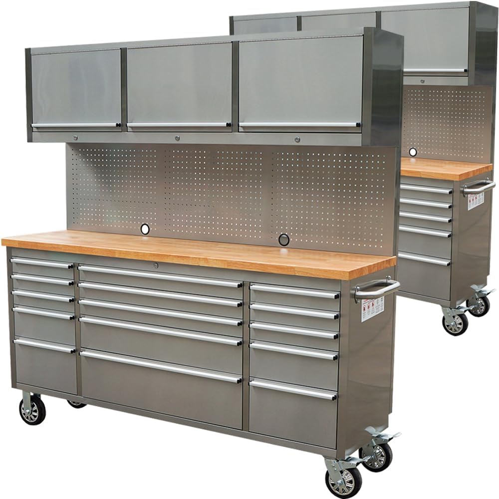 2 Pack - 72' Stainless Steel Rolling Tool Chest with 15 Drawers + 3 Upper Cabinets, Assembled Tool Box, Large Mobile Workbench, Lockable Storage Cabinet with Wheels for Garage Workshop (2 × HTC7218W1)