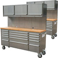 2 Pack - 72' Stainless Steel Rolling Tool Chest with 15 Drawers + 3 Upper Cabinets, Mobile Workbench, Assembled Large Tool Box Lockable Storage Cabinet with Wheels for Garage Workshop (2 × HTC7218W1)