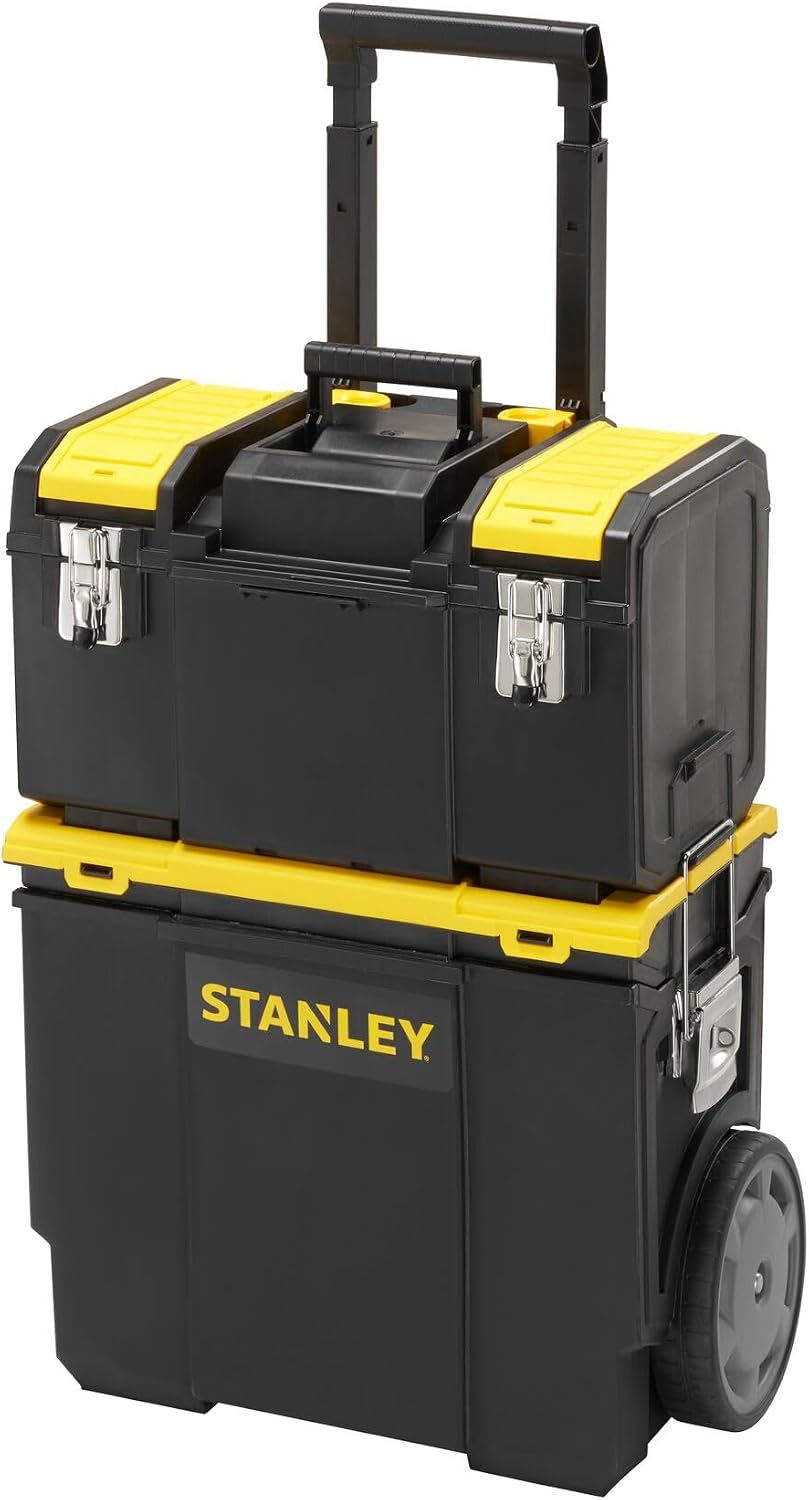 STANLEY 3 in 1 Rolling Work Centre Toolbox with Pull Handle, Detachable Toolbox with Portable Tote Tray, 1-70-326, Black