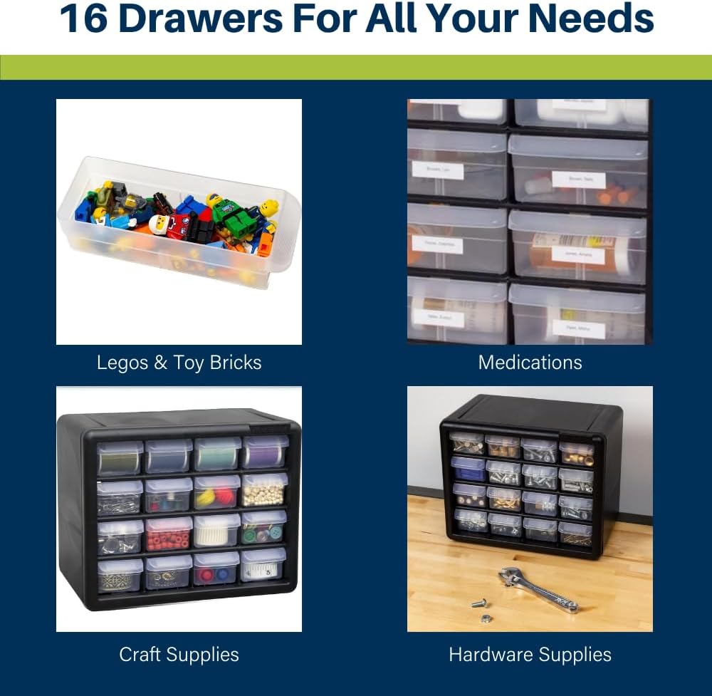 Akro-Mils 16-Drawer Plastic Cabinet for Garage Organization, Beads, Makeup Organizer, Building Bricks Storage, Teacher Toolbox, 10-1/2' W x 6-1/2' D x 8-1/2' H, 10716 Black (Pack of 4)