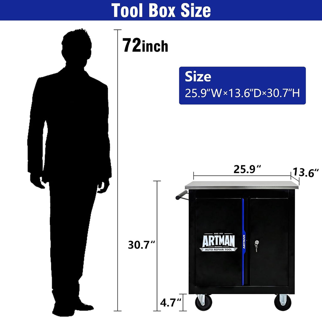 2 Doors Rolling Tool Box on Wheels, Stainless Steel Countertop Multifunctional Tool Chest Cabinet with Lock, Drawers Rolling Tool Cart Trolley Organizer Tool Storage Case for Garage,Warehouse