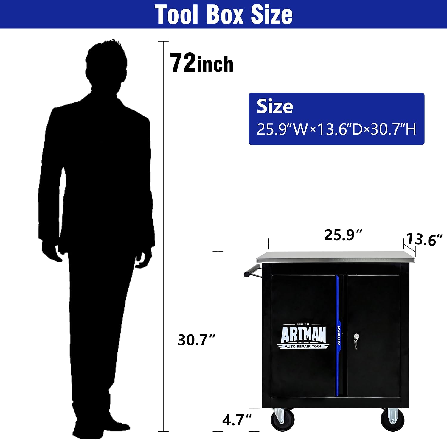 2 Doors Rolling Tool Box on Wheels, Stainless Steel Countertop Multifunctional Tool Chest Cabinet with Lock, Drawers Rolling Tool Cart Trolley Organizer Tool Storage Case for Garage,Warehouse
