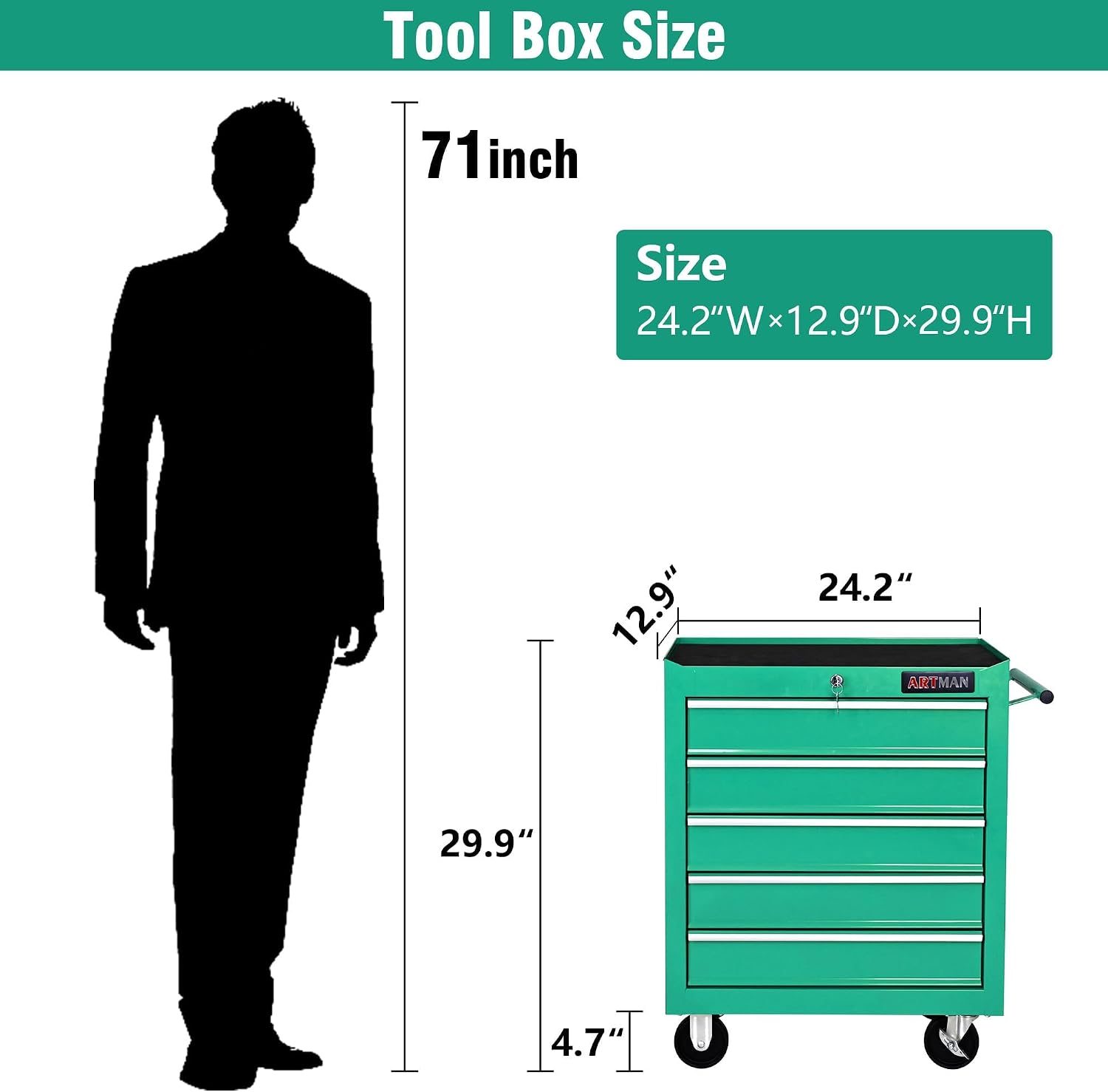 5 Large Drawers Rolling Tool Cart on Wheels, Trolley Organizer Tool Case Chest, Multifunctional Storage Tool Box for Workshop, Garage, Warehouse, Repair Shop (24.2' W×12.9' D×29.9' H-Green)