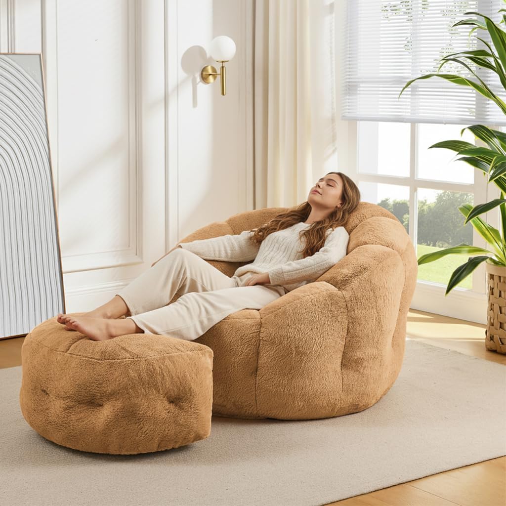 Bean Bag Chair with Ottoman, Flower Shape Bean Bag Chairs for Adults and Teens, Comfy Plush Faux Fur Bean Bags for Living Room, Bedroom, Apartment, Dorm, Brown