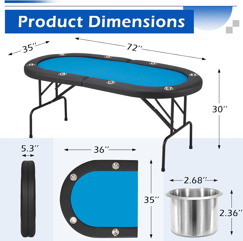 ECOTOUGE Poker Table Foldable, 8 Players Gaming Table w/Stainless Steel Cup Holder & Portable Storage Bag, Folding Oval Texas Holdem Table for Blackjack, Casino Game, Fully Assembled, Blue