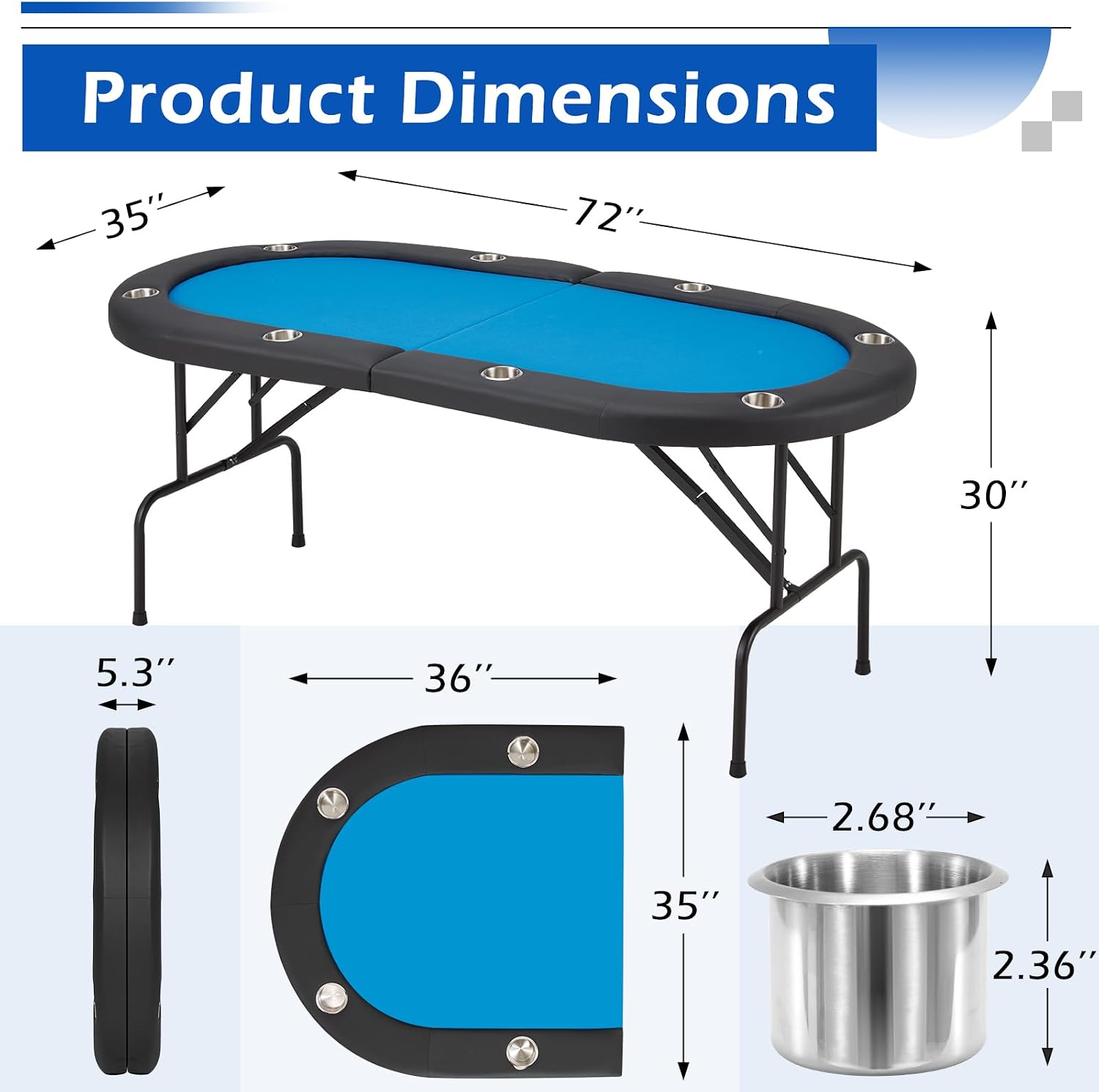 ECOTOUGE Poker Table Foldable, 8 Players Gaming Table w/Stainless Steel Cup Holder & Portable Storage Bag, Folding Oval Texas Holdem Table for Blackjack, Casino Game, Fully Assembled, Blue