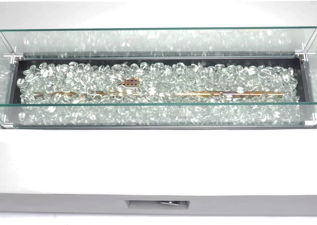 Bluegrass Living 42 Inch x 15 Inch Rectangular MGO Propane Fire Pit Table with Side Table Tank Storage, Glass Wind Guard, Crystal Glass Beads, Fabric Cover - Model# DFT42R-CG