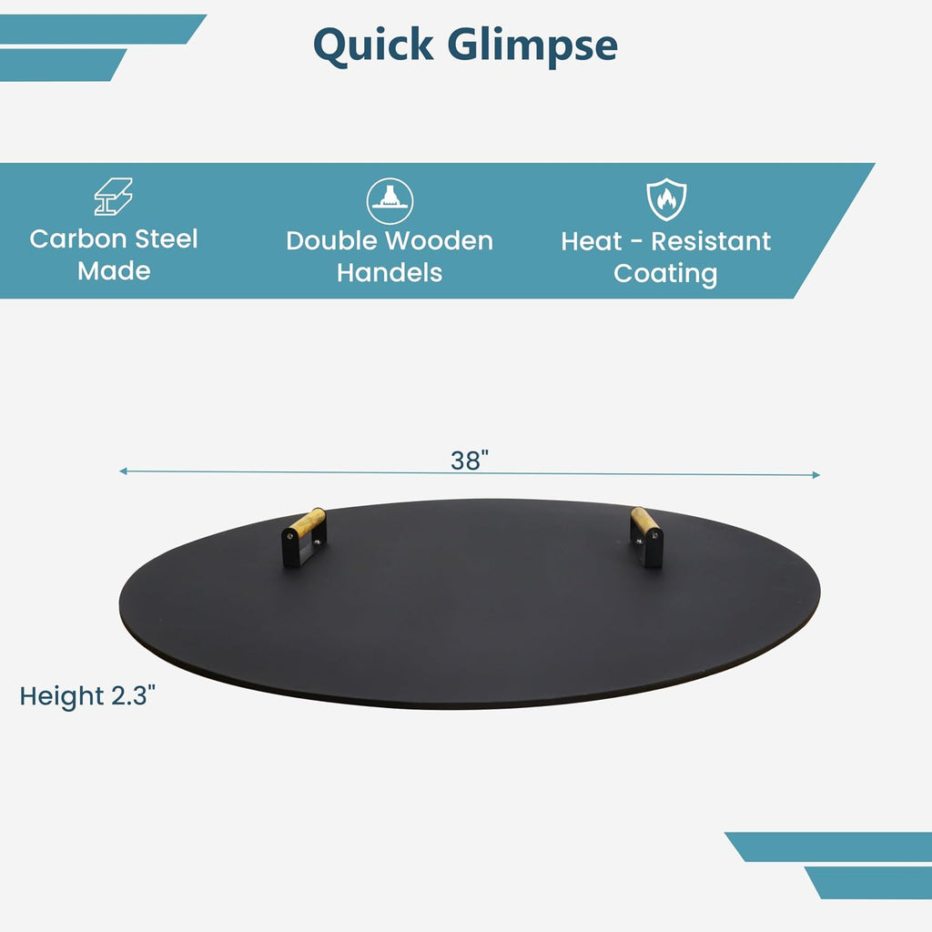 Round Fire Pit Lid - 38 inch fire Pit lid Metal W/Wooden Handles Fit for Bonfire Pits or Propane FirePit Fire Tables, Weather Resistant Outdoor Firepit & Smokeless FirePit Snuffer Lid Cover as Table