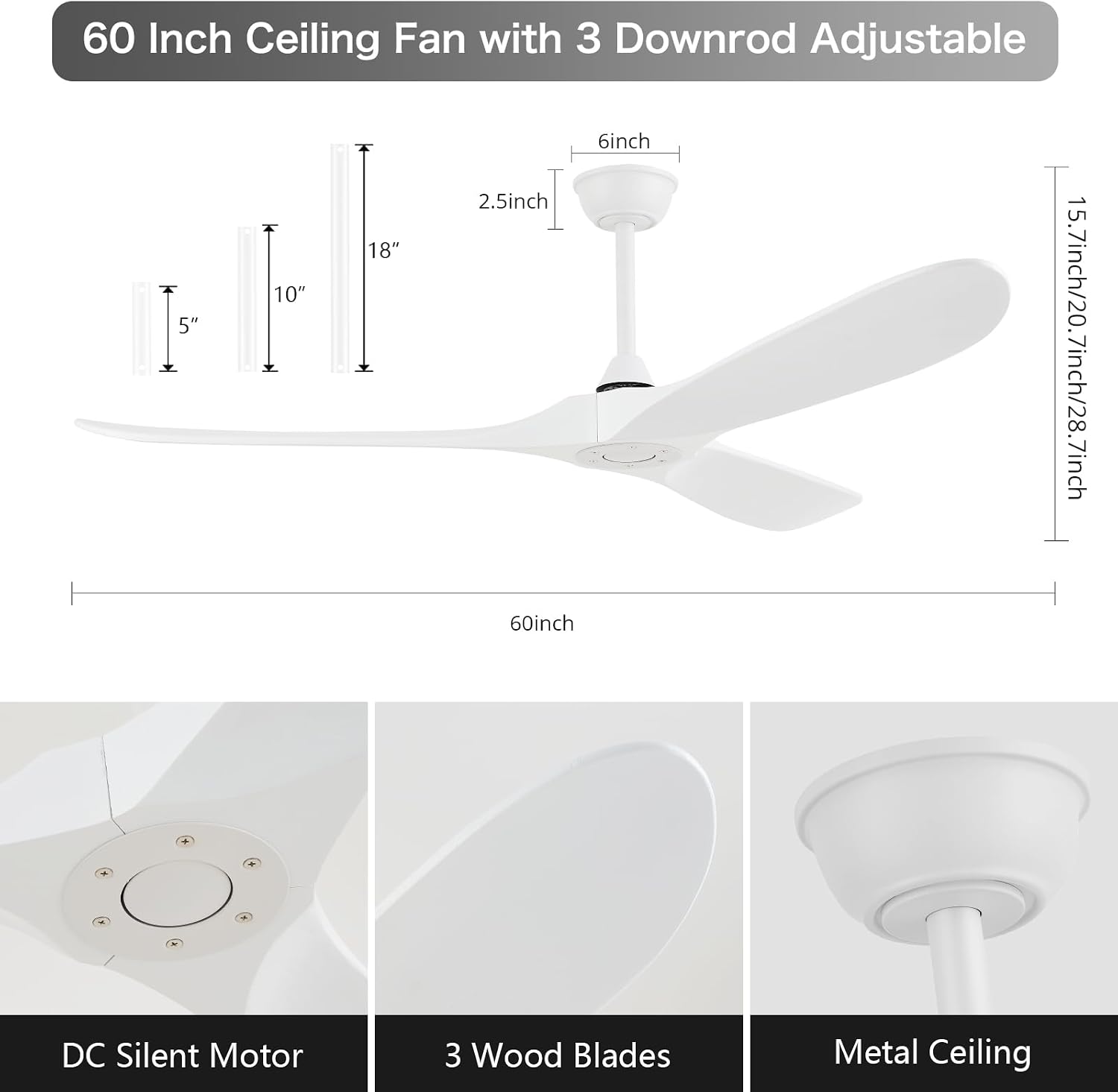 60'' Outdoor Ceiling Fan without Light,Quiet and Large Airflow with Speed Memory Function,White Ceiling Fan no Light for Living Room,Bedroom,Porch