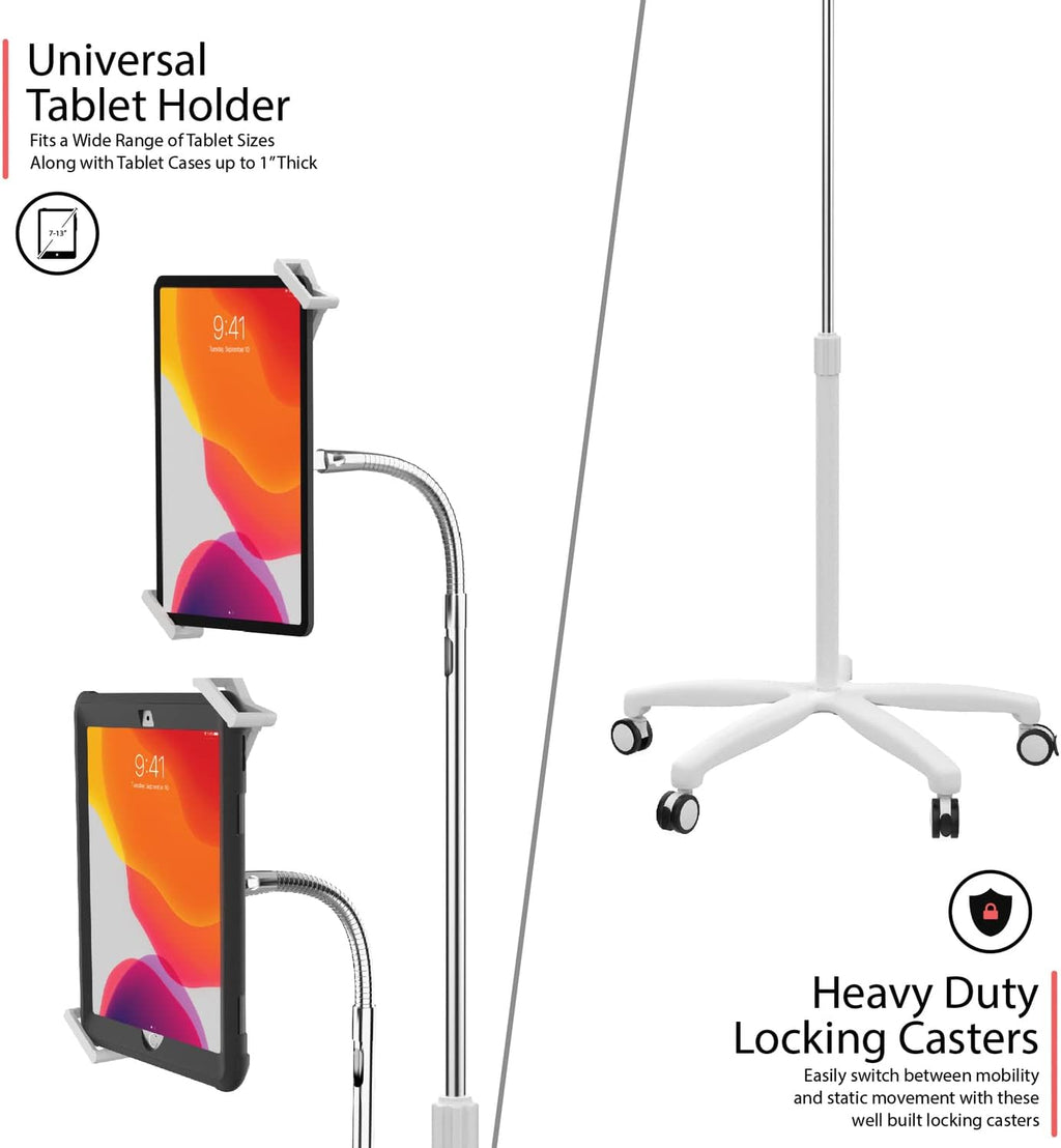 Medical Mobile Stand – CTA Medical Mobile Floor Stand for iPad 7/8/9 Gen 10.2', 12.9' iPad Pro, 11' iPad Pro, iPad mini, iPad Air 4, Surface Pro X, and Other 7-13' Tablet - White