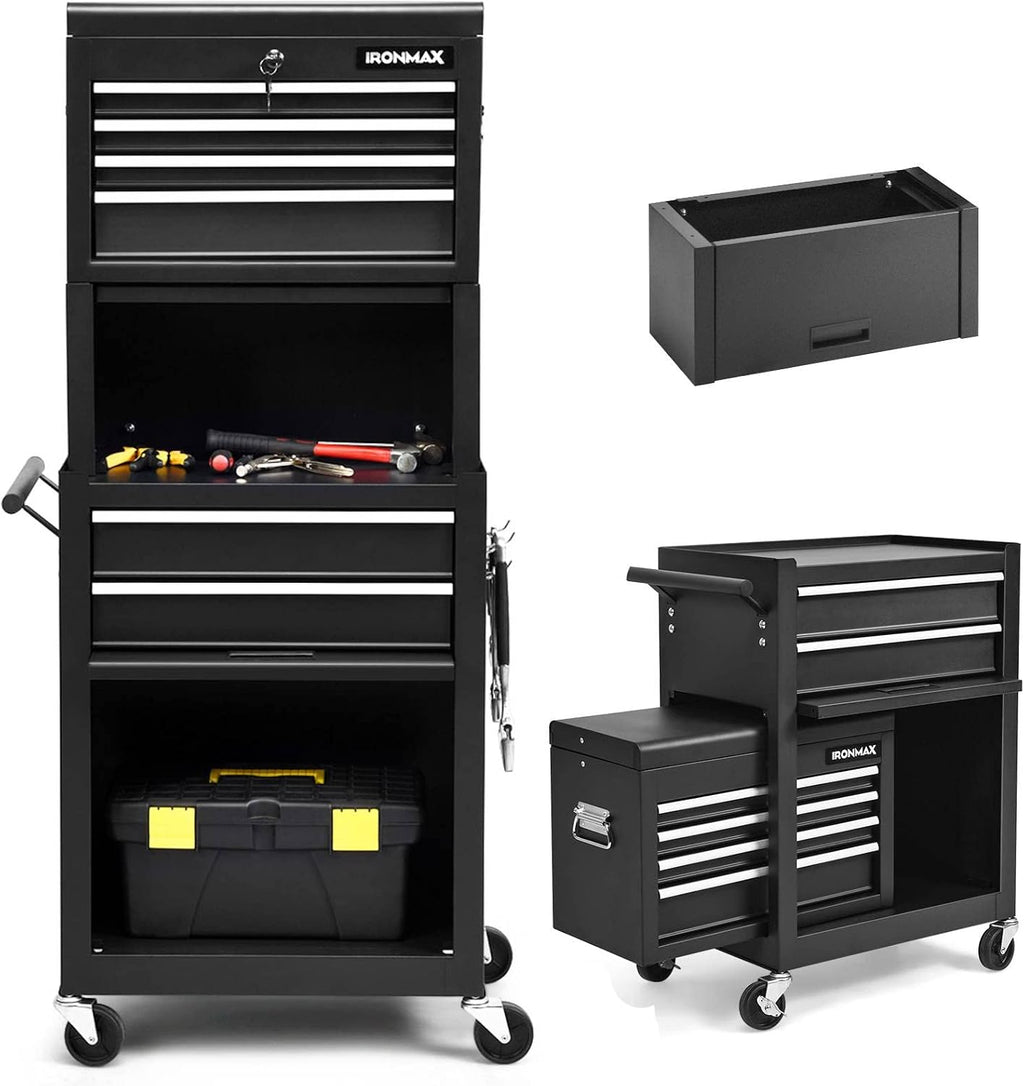 IRONMAX 6-Drawer Tool Cabinet on Wheels, Lockable 3 in 1 Heavy Duty Toolbox Organizer w/ 4 Universal Wheels & Hooks, Detachable Metal Tool Chest for Garage, Warehouse, Repair Shop (Black)