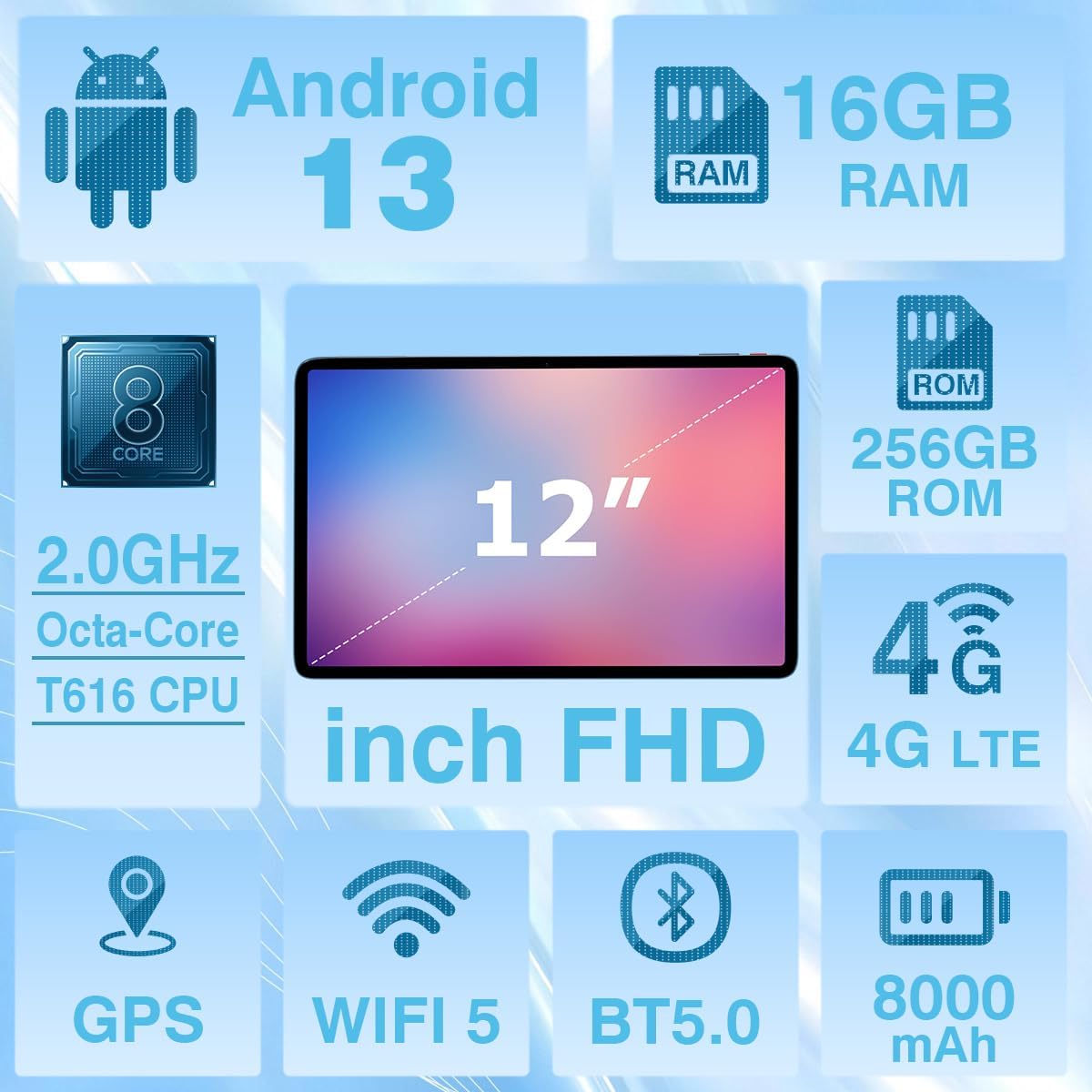 Android Tablet with SIM Card Slot Unlocked, 12 Inch Large Screen 4G LTE Cellular Tablet with Android 13 16GB(8+8 Virtual) RAM 256GB ROM GPS WiFi BT 8000Mah 2K Display for Adults Kids