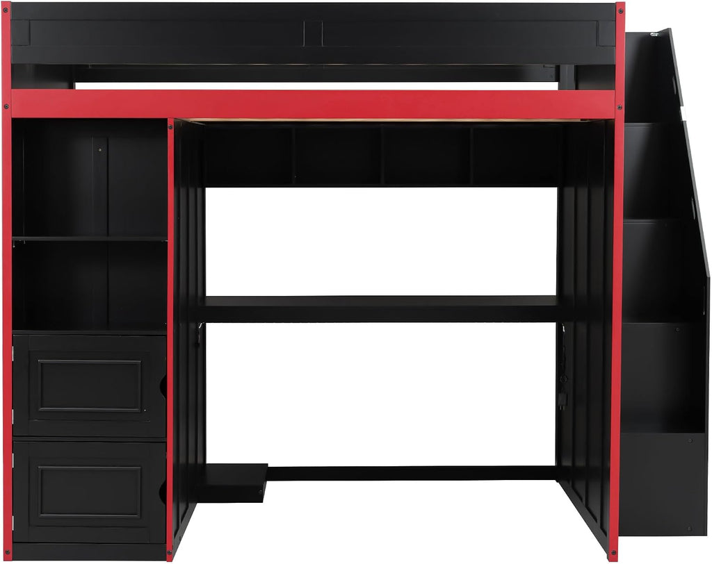 SOFTSEA Full Size Gaming Loft Bed with Desk, Storage Stairs, LED Lights, Bookshelves & Wardrobe, Multifunctional Loft Bed, No Box Spring Needed, Black Red