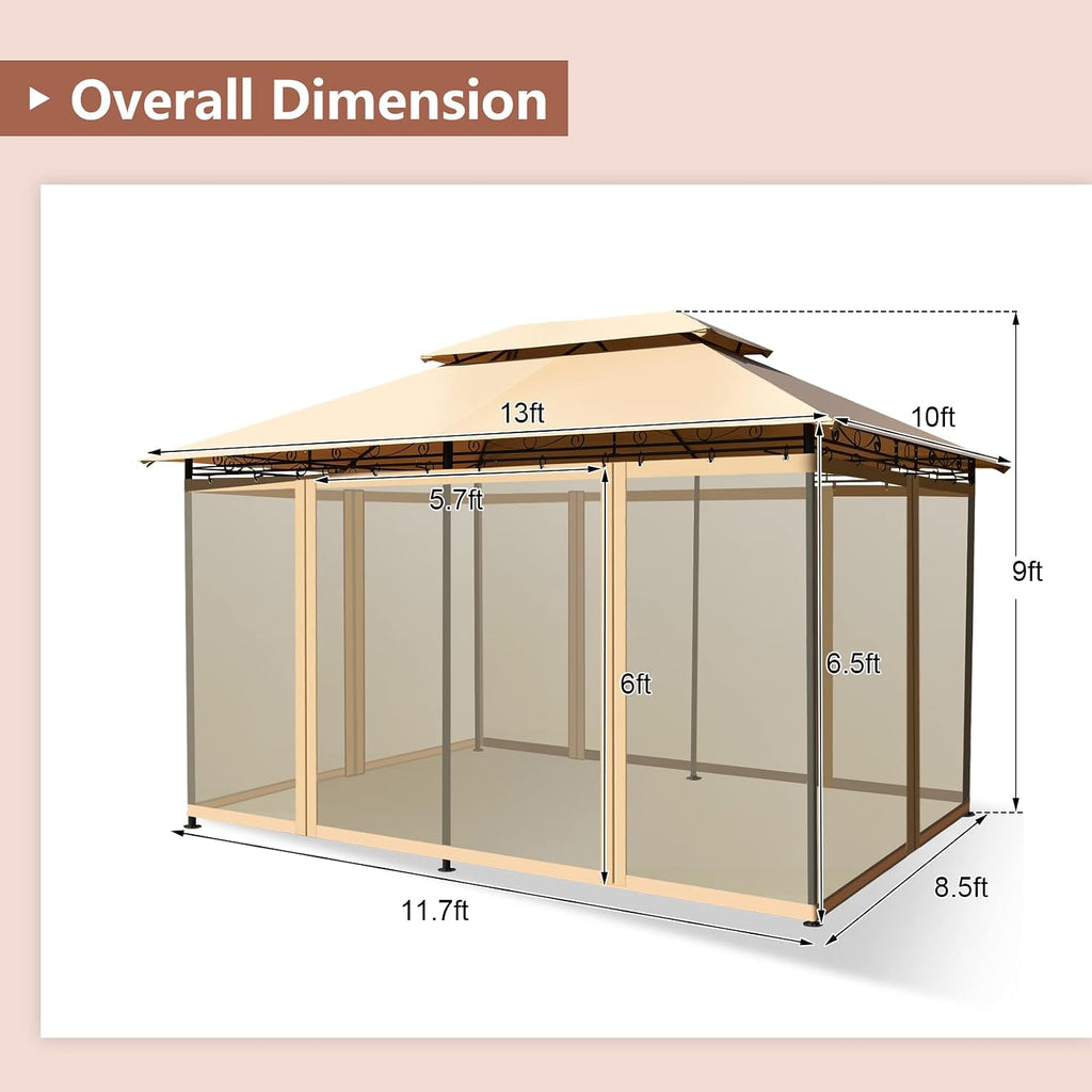 Tangkula 10 x 13 FT Patio Gazebo, 2-Tier Outdoor Gazebo with Removable Netting, Outdoor Patio Shelter with 130 Square Feet of Shade, Ideal for Backyard, Deck, Garden