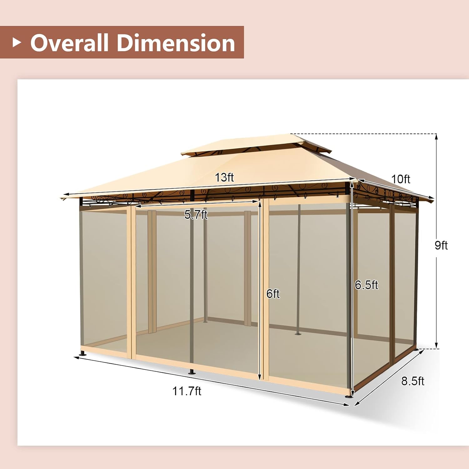 Tangkula 10 x 13 FT Patio Gazebo, 2-Tier Outdoor Gazebo with Removable Netting, Outdoor Patio Shelter with 130 Square Feet of Shade, Ideal for Backyard, Deck, Garden