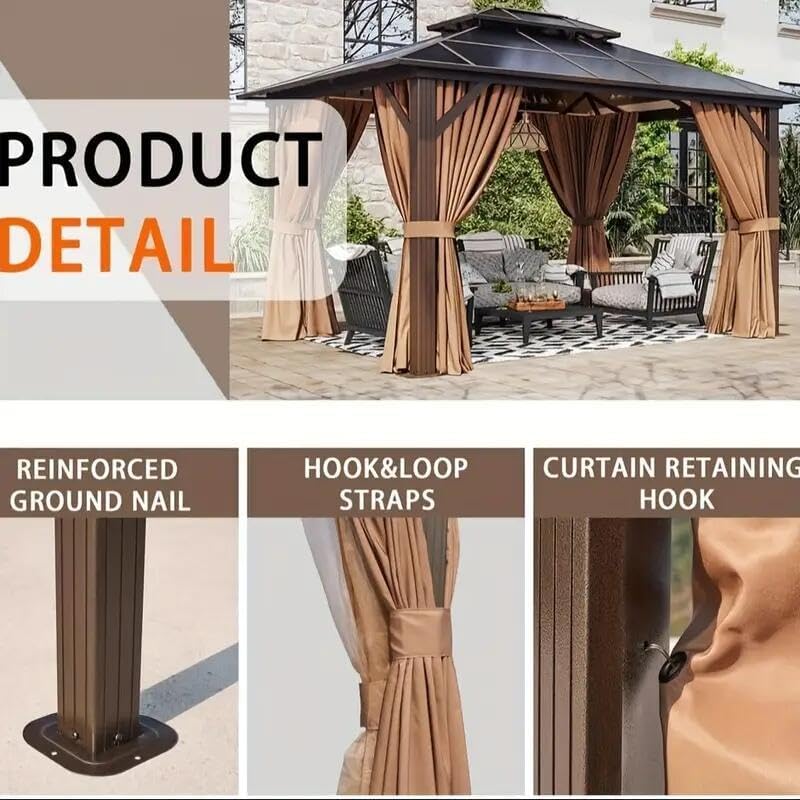 Hardtop Gazebo 10x12FT Hardtop Gazebo, Aluminum Frame Permanent Pavilion with Curtains and Netting, Outdoor Polycarbonate Gazebo, Double Roof Canopy, for Gardens, Patios, Lawns