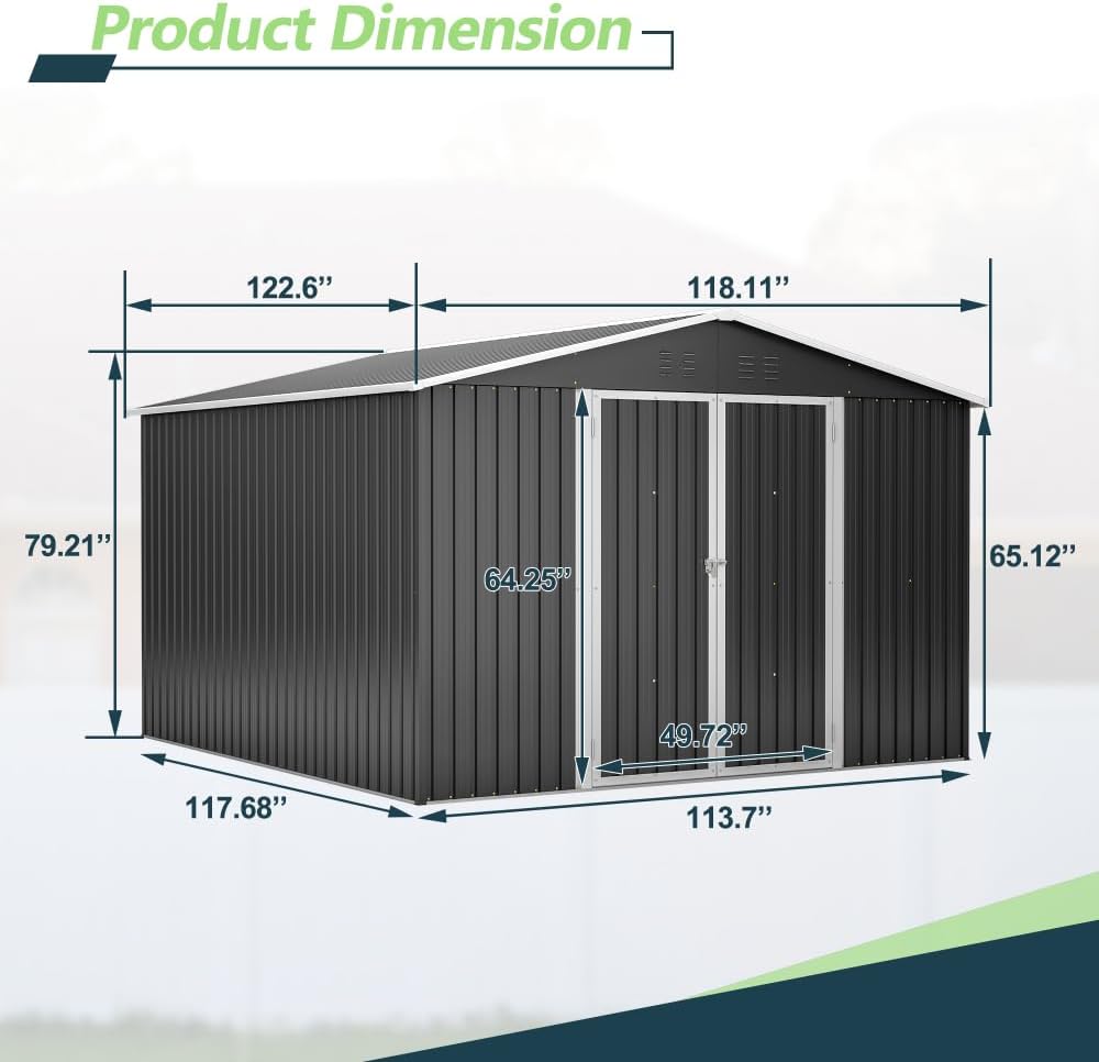 Large Outdoor Storage Shed 10x12 FT, Heavy-Duty Metal Garden Tool Organizer with Lockable Doors and Weather-Resistant Roof for Backyard (10x10 ft Black)