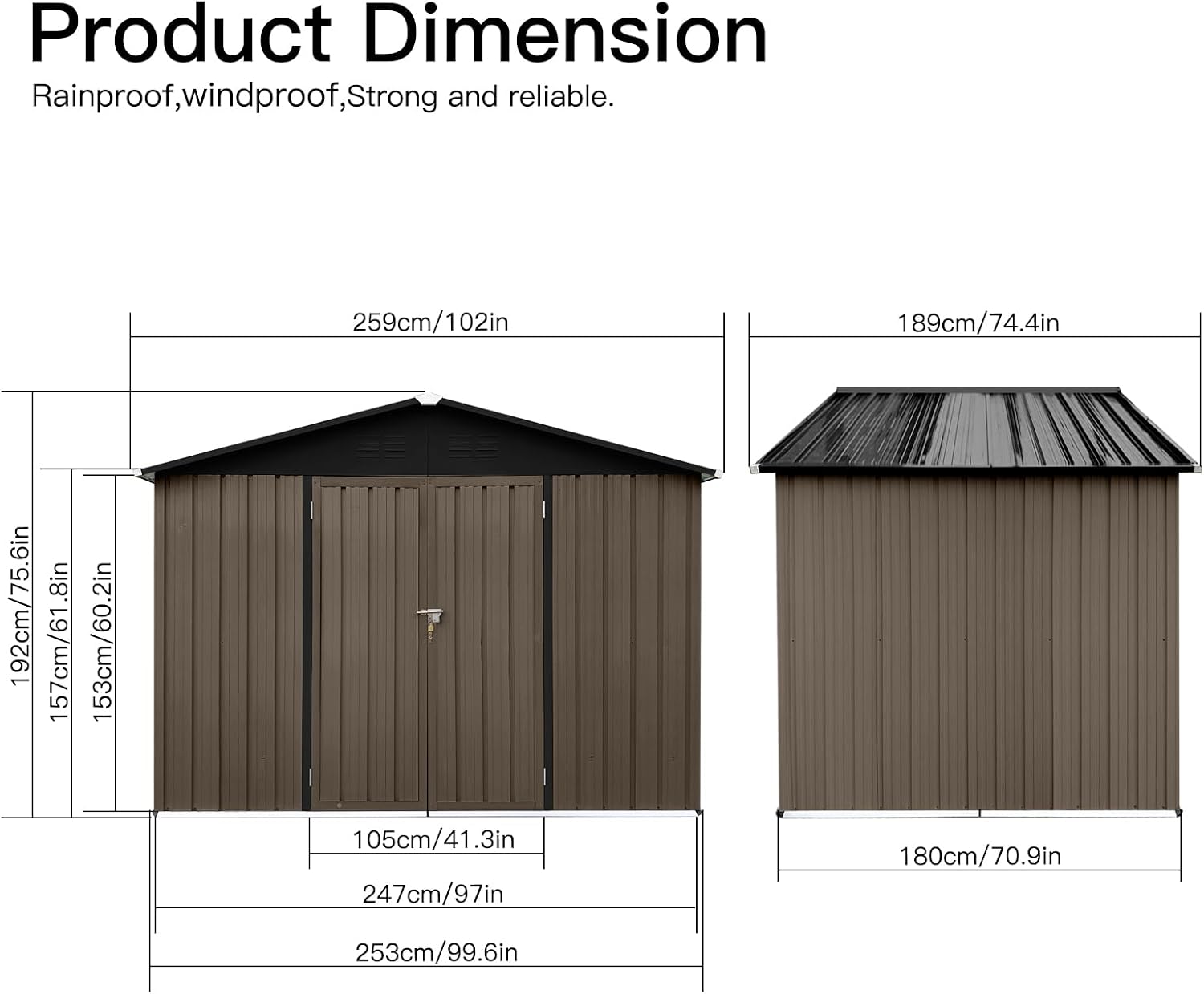 8 x 6 FT Metal Storage Shed, Outdoor Storage Shed with Lockable Door & Apex Roof, Hinged Door for Garden, Backyard, Lawn, and Utility Shelter, Shutter Vents, Weather-Resistant, Brown and Black