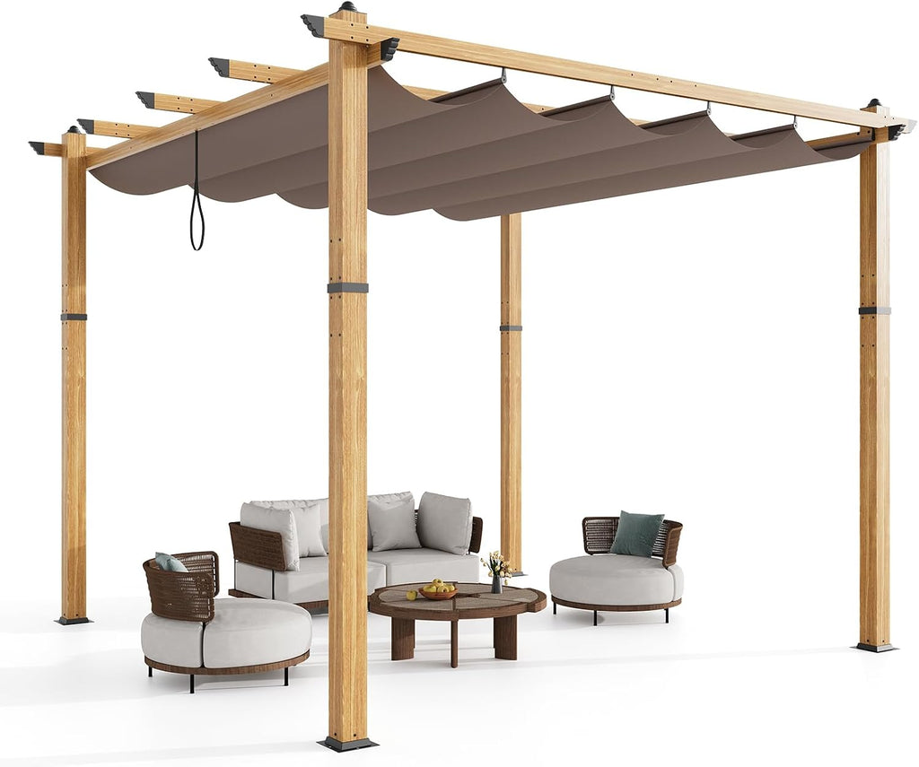 10x10 Ft Outdoor Retractable Pergola with Sun Shade Canopy, Heavy-Duty Aluminum Canopy Pergola Kits for Backyard, Faux Wood Grain Metal Patio Gazebo for Garden, Porch Beach, Grape Trellis - Khaki