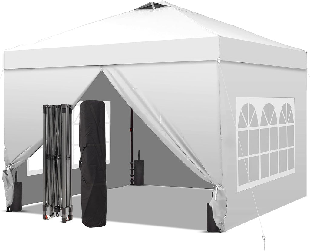 GDY 10x10 Pop Up Canopy Tent with 4 Sidewalls, Easy Set up with One Push Lift Outdoor Silver Coated Beach Gazebos, Carpas with 4 Sandbags, for Events, Parties,Camping, White.