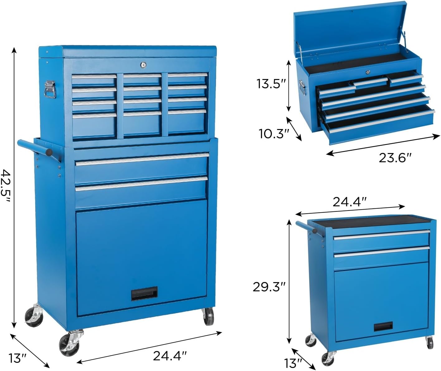 Tool Chest, 8-Drawers Rolling Tool Storage Cabinet with 2-in-1 Detachable Tool Box, Liner, Lockable Wheels, Side Hooks, Multifunctional Metal Tool Cart for Garage Workshop, Blue