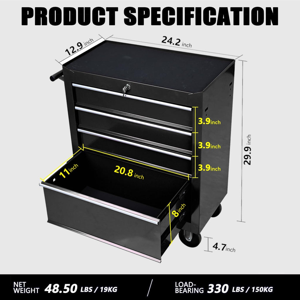 Aokleo 4 Drawers Tool Cart on Wheels, 4 Drawer Rolling Tool Chest with Key Lock, Trolley Organizer Tool Case, Multifunctional Rolling Tool Box for Garage,Warehouse,Workshop,Repair Shop (Black)