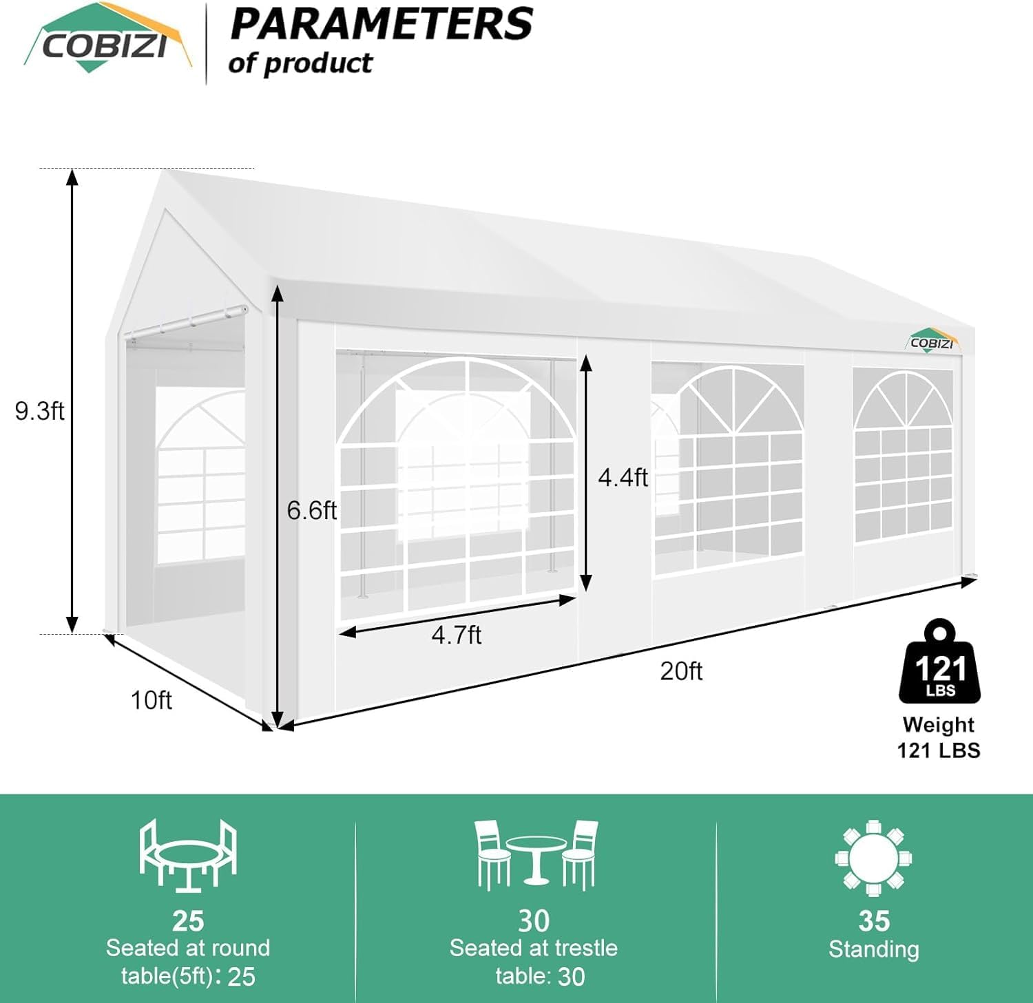 COBIZI 10x20 Party Tent Heavy Duty for Parties, Powder Coating (Better Than Galvanized), Large Outdoor Event Gazebo with Removable Sidewall & Built-in Sandbag, Waterproof for Church & Wedding, White