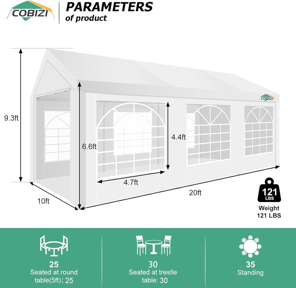 COBIZI 10x20 Party Tent Heavy Duty for Parties, Powder Coating (Better Than Galvanized), Waterproof for Church & Wedding, Large Outdoor Event Gazebo with Removable Sidewall & Built-in Sandbag, White
