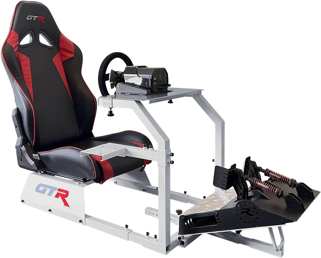 GTR Simulator GTA Model Silver Frame with Adjustable Leatherette Racing Seat Gaming Simulator Cockpit Chair | RS30 Wheel | V3 Pedal Setup (GTA with RS30 Wheel & V3 2-Pedal Setup)