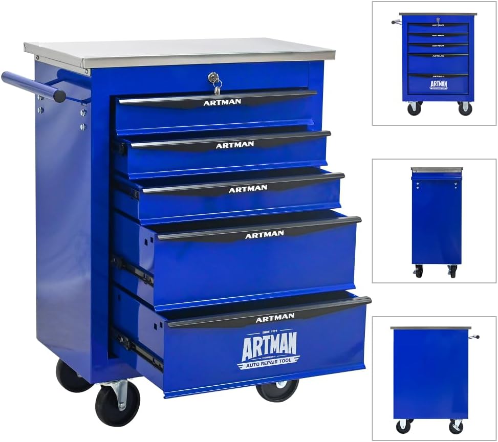 5 Drawers Multifunctional Tool Cart with Wheels,Metal Rolling Tool Cart Storage for Garage Workshop Warehouse Repair Shop-with Stainless Steel Roof- Black&Blue