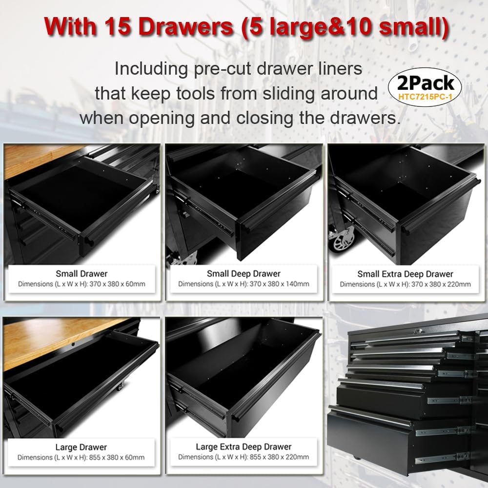 2 Pack - 72' Rolling Tool Chest with 15 Drawers, Black Mobile Workbench, Assembled Large Tool Box Lockable Storage Cabinet with Wheels for Garage Workshop (2 × HTC7215PC-1)
