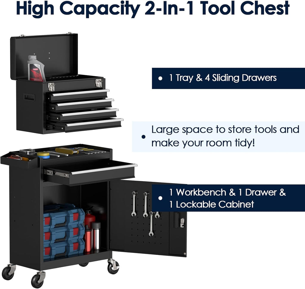 5-Drawer Tool Box with Wheels, Rolling Tool Storage Cabinet with Detachable Top Tool Chest and Locking Mechanism, Metal Tool Cart for Garage Workshop and Room Use (Black)