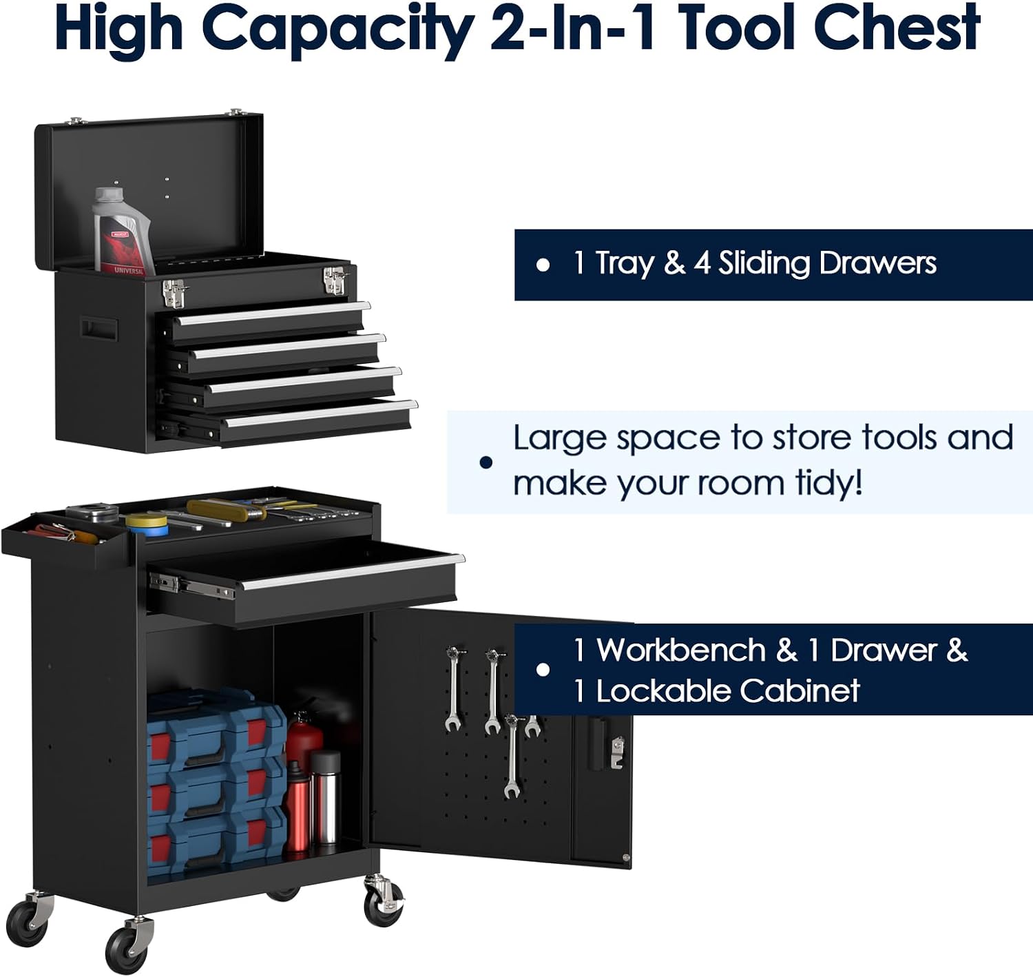 5-Drawer Tool Box with Wheels, Rolling Tool Storage Cabinet with Detachable Top Tool Chest and Locking Mechanism, Metal Tool Cart for Garage Workshop and Room Use (Black)