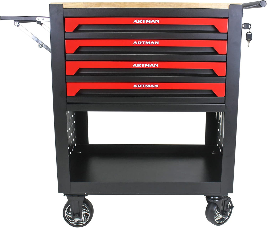 4 Drawers Tool Chest on Wheels,Tool Storage Cart with Wooden Top,Drawers Rolling Tool Box Organizer Tool Case with Lock for Garage,Warehouse,Workshop,Repair Shop (4 Drawers-35.4'H-Black&Red)