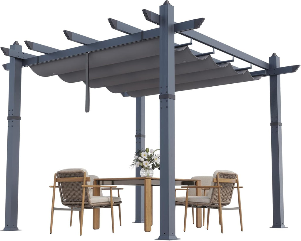 GAOMON 10x10 Ft Outdoor Aluminum Pergola, Heavy-Duty Patio Pergola with Retractable Canopy Sun Shade Cover, UV-Resistant Metal Gazebo for Existing Deck Backyard Garden Porch, Blue