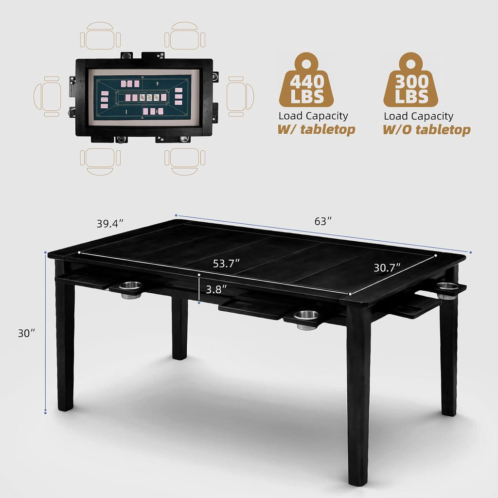 Coperat Solid Wood Board Game Table for 4-6 Players,Dining/Gaming Table w/ 54'x31' Big Gaming Space and Removable Top,Includes Game Mat, 6 Cup Holders & Hobby Tray,Black