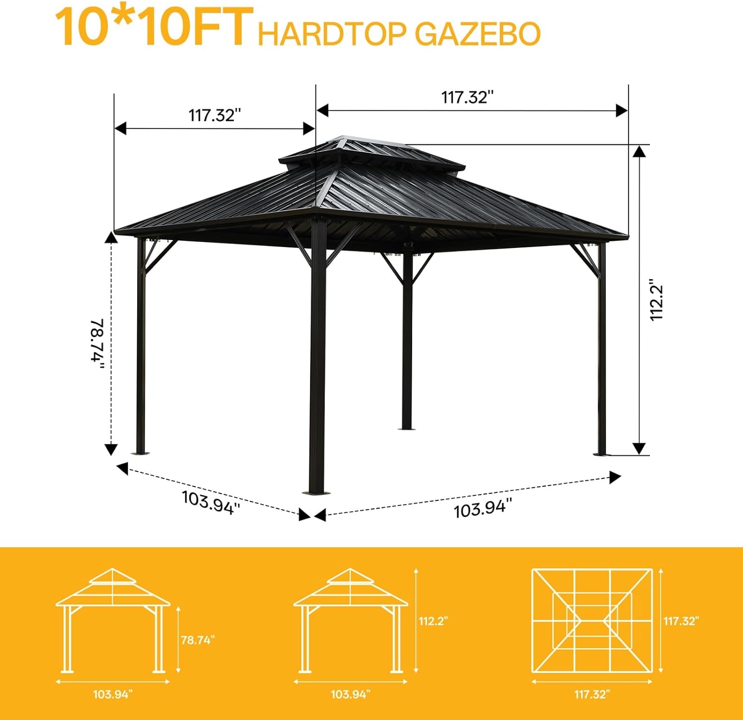 10x10 Hardtop Aluminum Gazebo, Outdoor Metal Gazebo with Netting & Curtains - Heavy Duty Iron Roof for Patios, Waterproof & Snow Load Resistant (Double Hardtop No Curtain & Netting)
