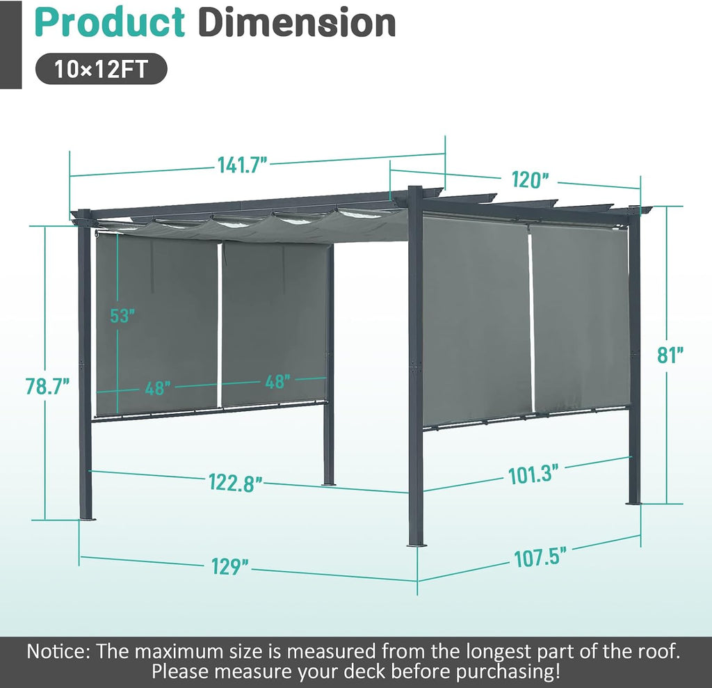 10 x 12 Ft Outdoor Aluminum Pergola, Retractable Canopy & 2 Sides Shades for Patio Backyard Garden Deck