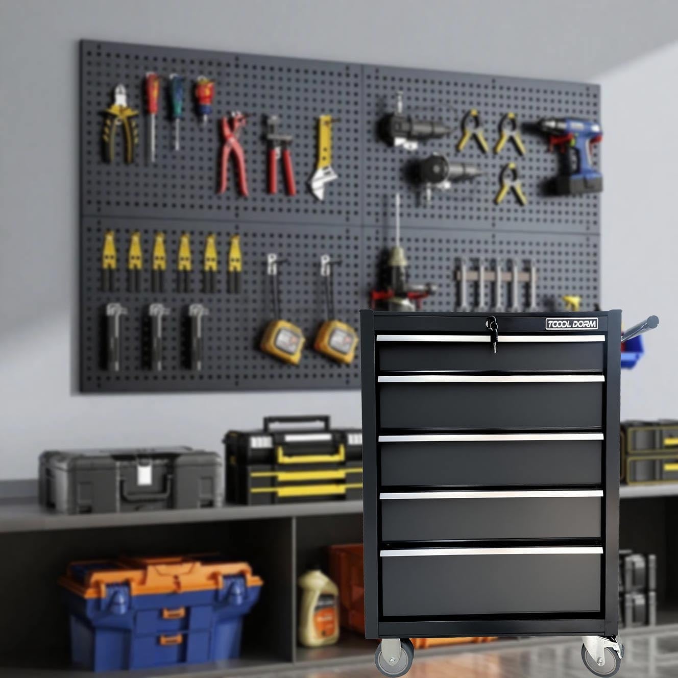 Tool Cabinet Tool Cart 24.2inch with 5 Drawers and Wheels, Metal Rolling Tool Box Locked Drawers Storage Organizer Cabinet with Black Color for Garage, Warehouse, Repair Shop, Workshop