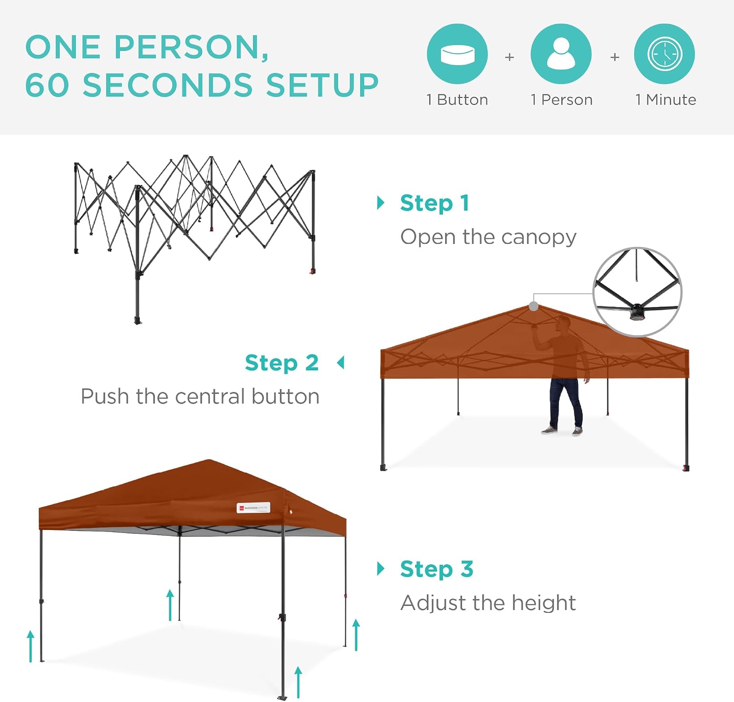 Best Choice Products 12x12ft Pop Up Canopy Tent, Outdoor Shade, 1 Person 1 Minute Set Up, Carry Case, 4 Weight Bags - Rust